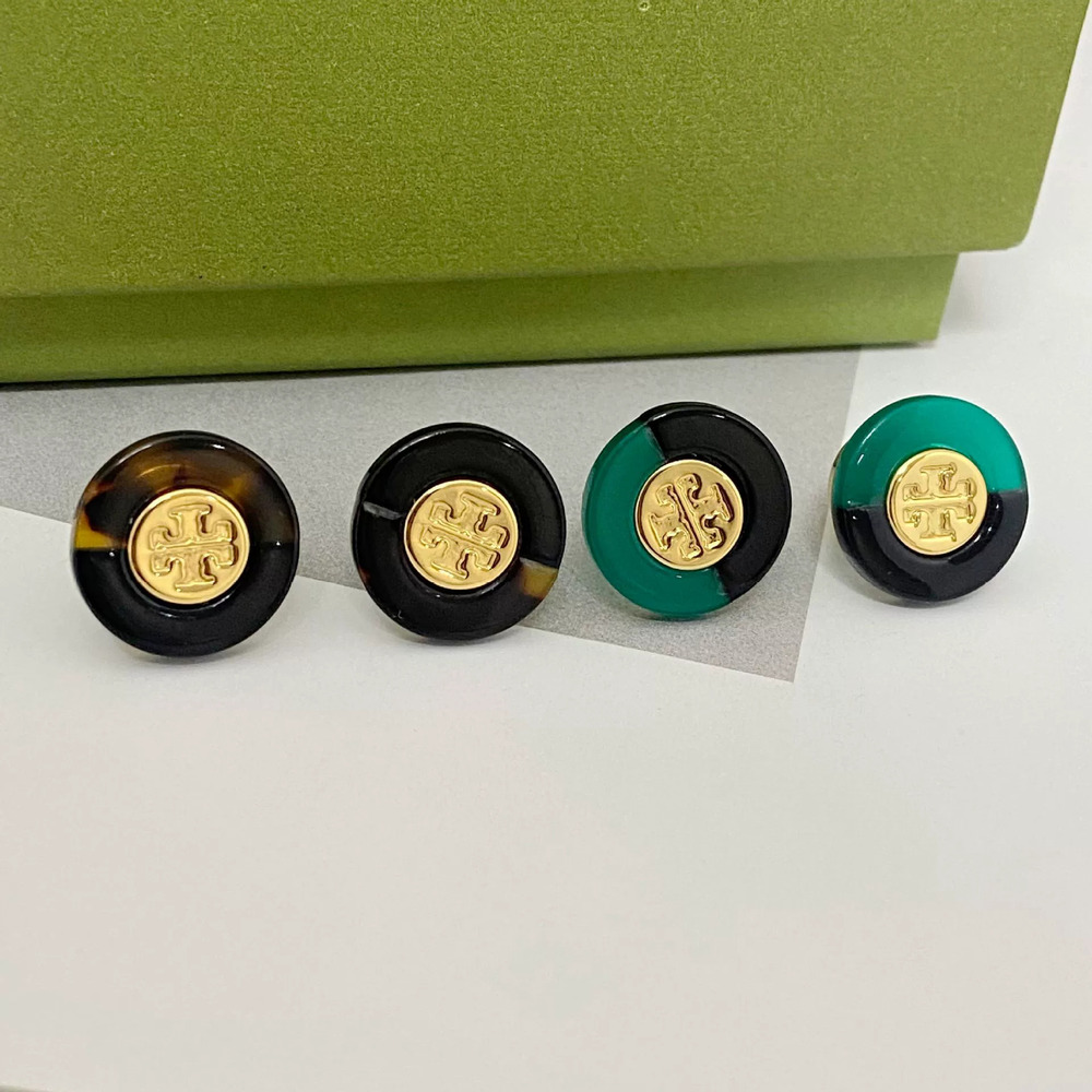 Tory Burch Gold Plated Double Round Earrings with Contrast Resin Button